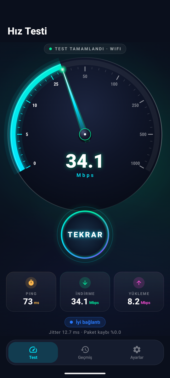 RealSpeedTest hız testi sonuç ekranı
